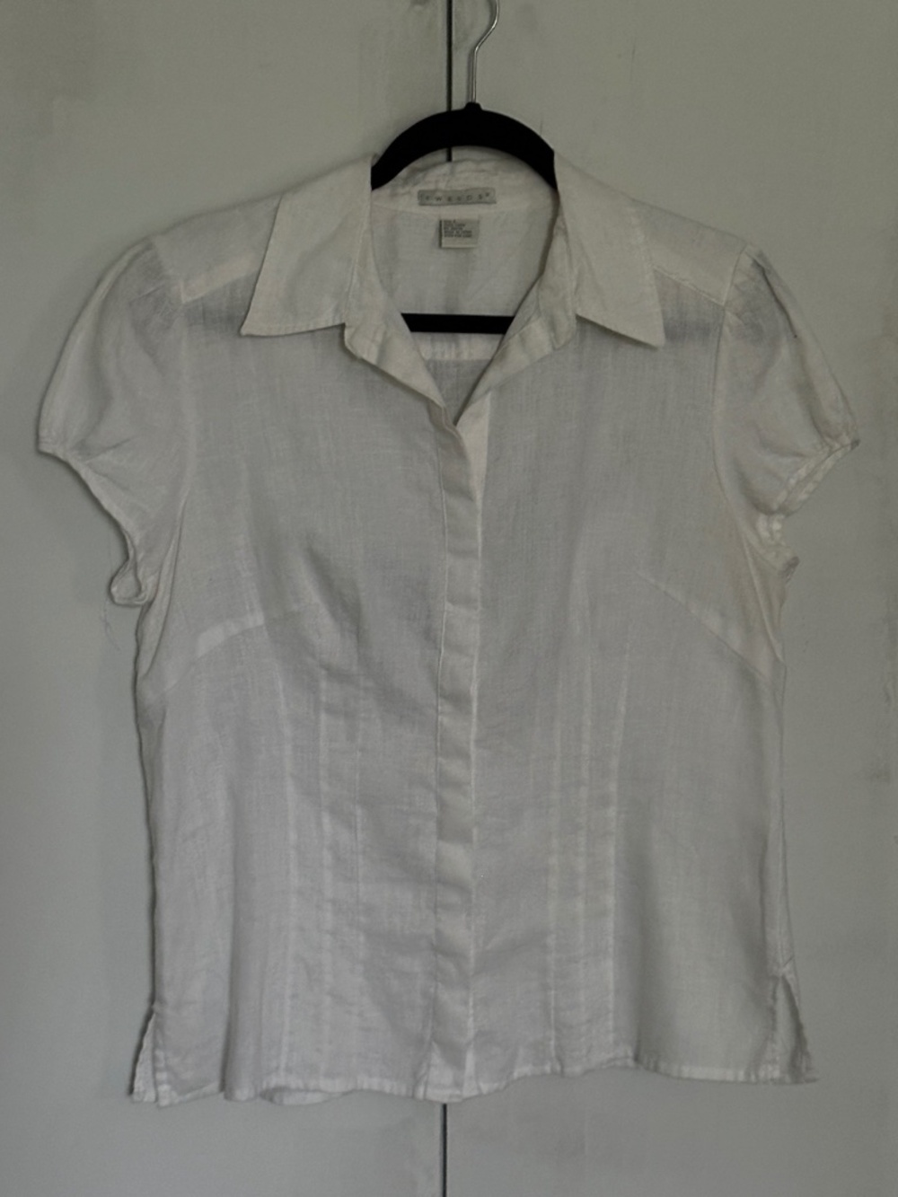 Tweeds White 100% Linen Blouse Size L Pintuck Short Sleeve Button Front